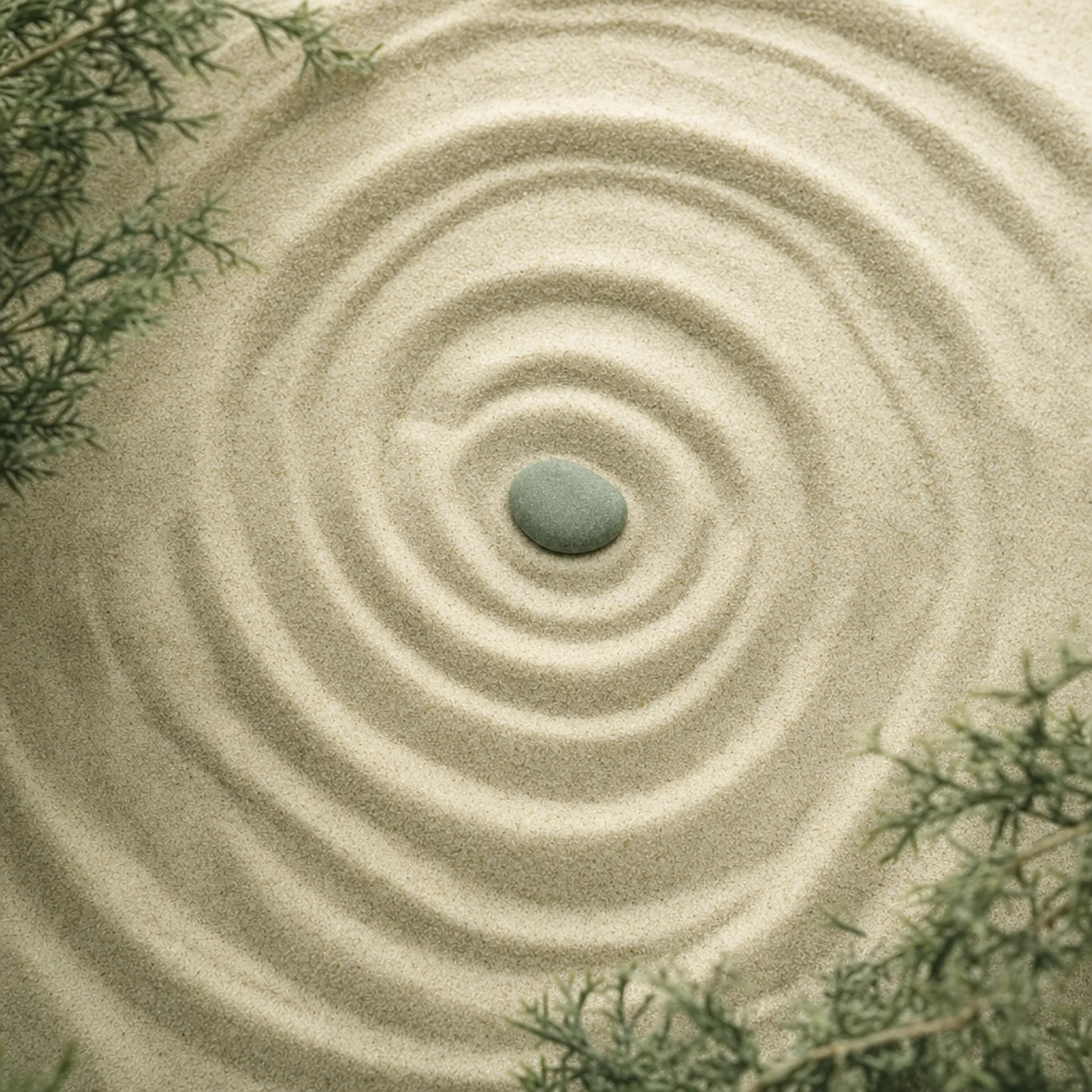 Raked sand in a gentle spiral around a single small stone