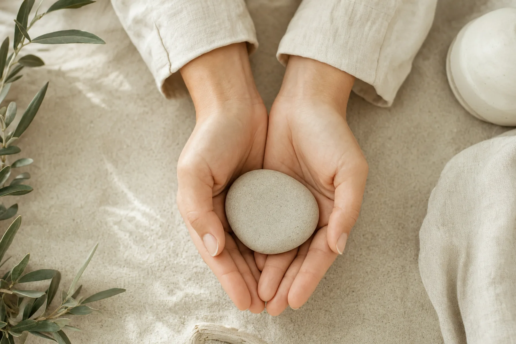 Two hands gently cupping a smooth stone over soft sand