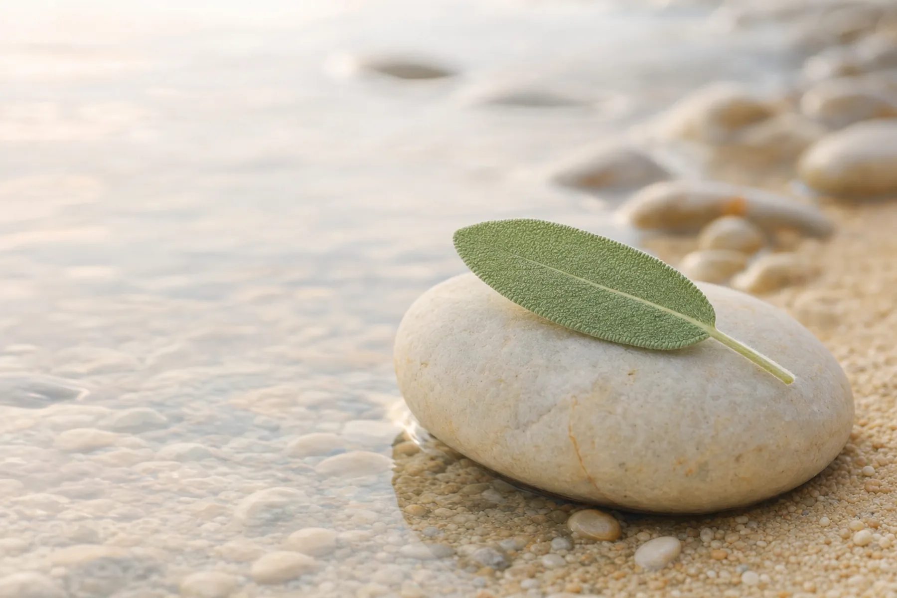 A sage leaf resting on a smooth stone at the edge of still water