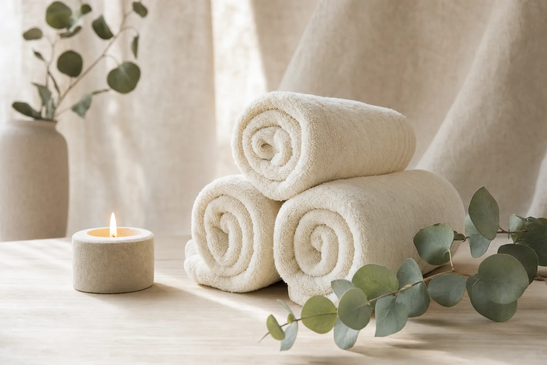 Rolled spa towels beside a lit candle and eucalyptus