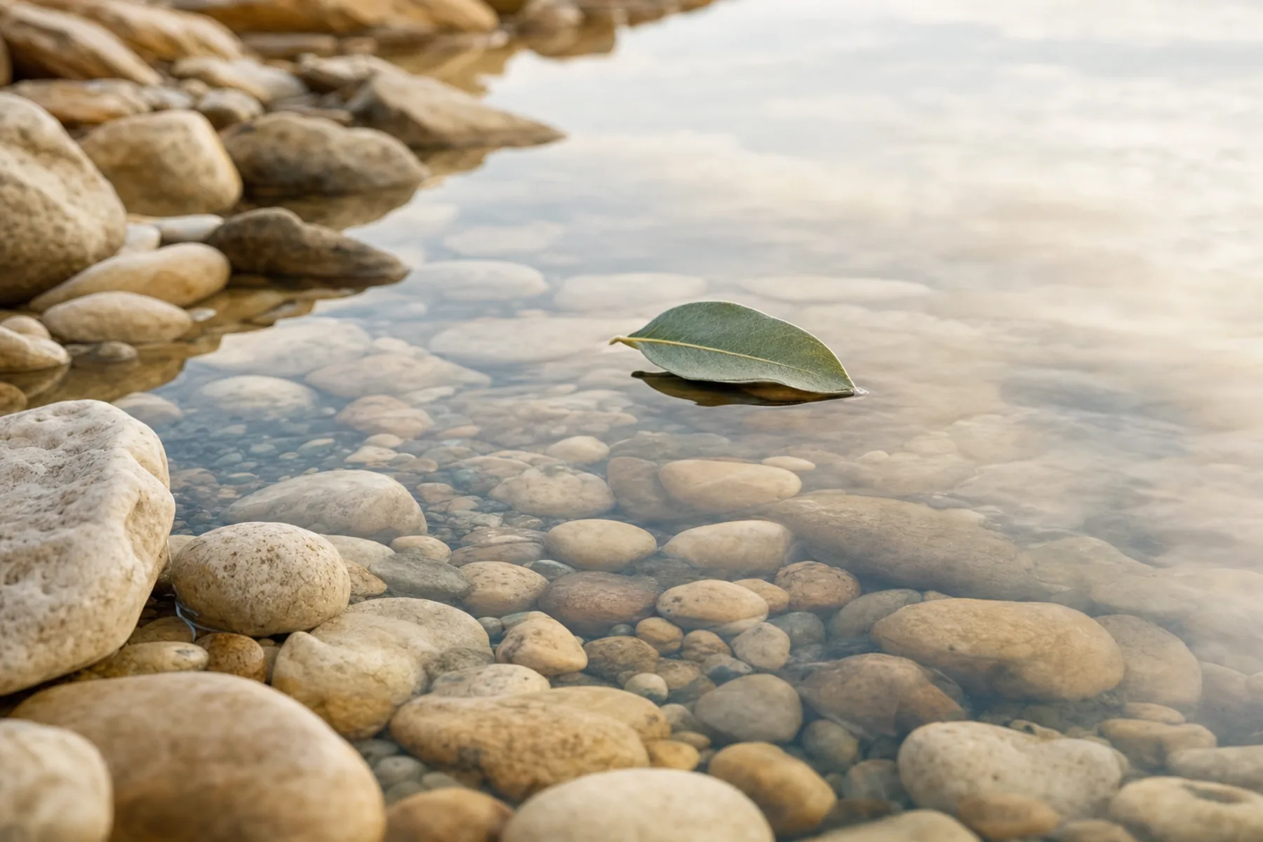 River stones beneath still, clear water with a leaf floating at rest